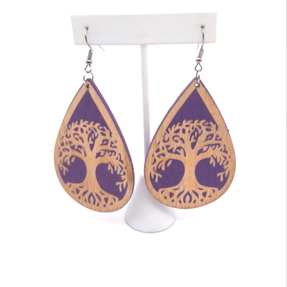 NWOT 1 PAIR Boho teardrop wooden dangle earrings w/tree of life, Red is sold